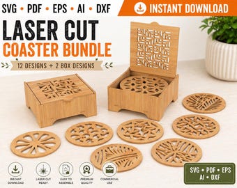 Laser Cut Coaster SVG Bundle | 12 Designs, 2 Box Glowforge Templates