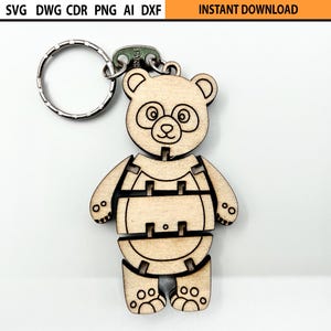 Lasergesneden flexibele pandabeer sleutelhanger ontwerp SVG, lasergesneden flexibele sleutelhouder, beweegbare houten figuur, lasergesneden fidget houten mechanisch speelgoed
