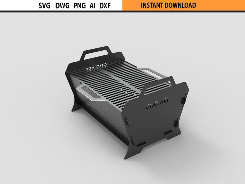 Puede incluir: Una parrilla de metal negro con una superficie de cocci&oacute;n de listones y asas. La parrilla tiene el texto "CNC ART" en el lateral y "INSTANT DOWNLOAD" en la parte superior. La imagen tambi&eacute;n incluye opciones de tipo de archivo: SVG, DWG, PNG, AI y DXF.