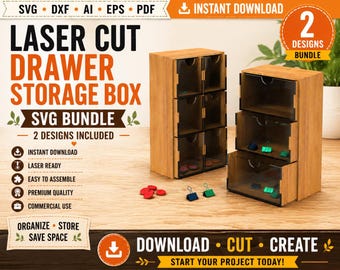 Laser Cut Drawer Storage Box SVG Bundle | 2 Designs, Desktop Organizer Template