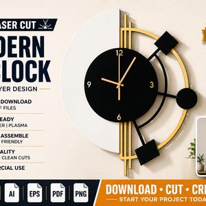 Puede incluir: Un diseño de reloj 3D moderno con una esfera negra y detalles dorados. El reloj presenta un semicírculo blanco y elementos cuadrados negros. La imagen incluye el texto "Modern 3D Clock" y "Laser Cut".