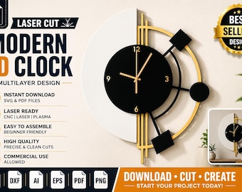 Modern 3D Wall Clock SVG | Laser Cut Multilayer Design for Cricut CNC DIY Projects