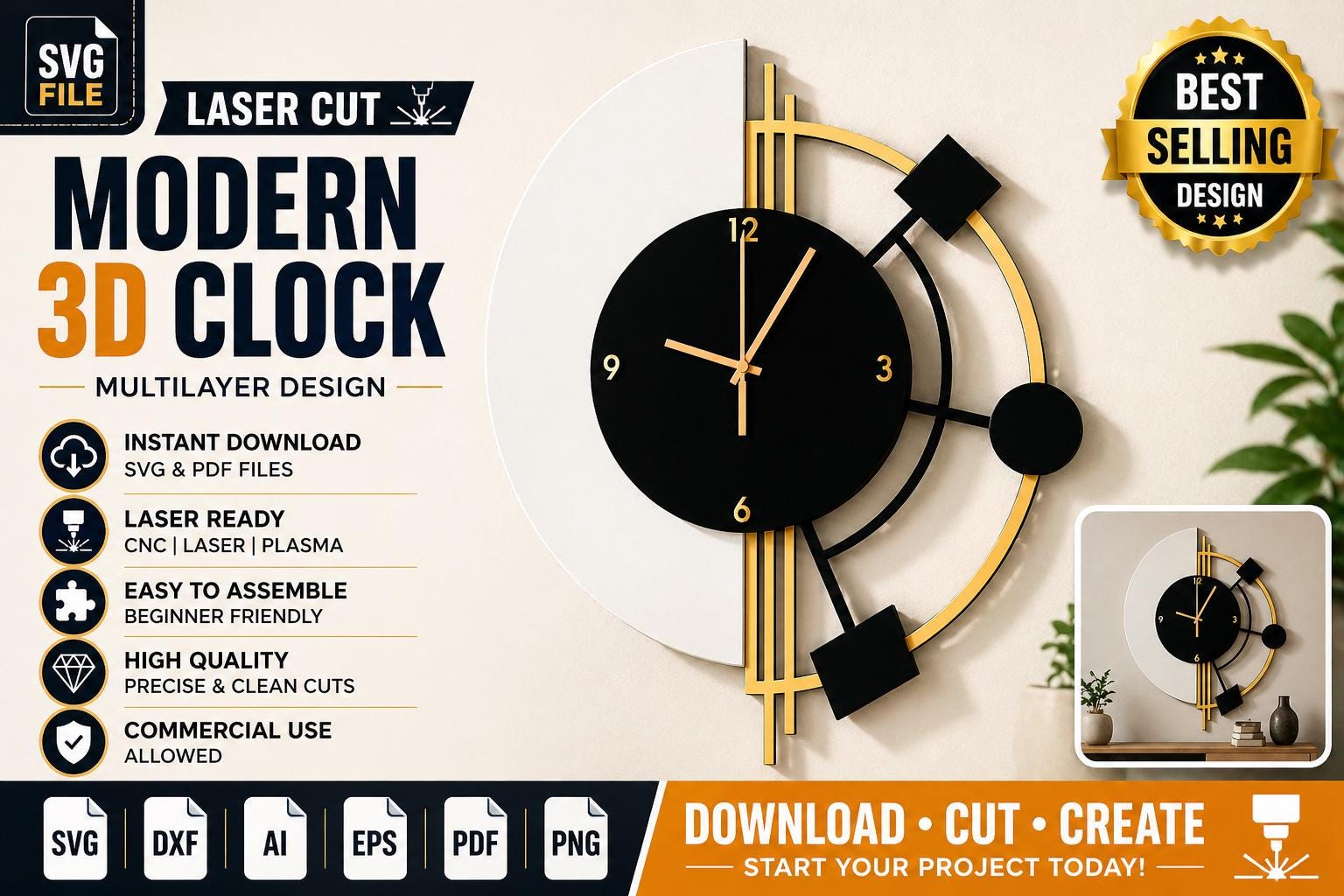 Modern 3D Wall Clock SVG | Laser Cut Multilayer Design for Cricut CNC ...