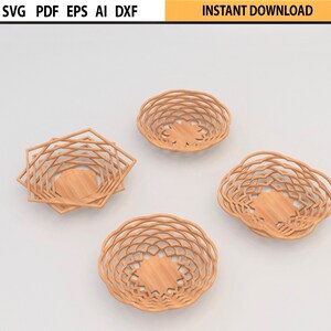 Peut inclure: Quatre paniers d&eacute;coratifs en bois de diff&eacute;rentes formes g&eacute;om&eacute;triques. Les paniers sont de couleur brun clair et pr&eacute;sentent un design ouvert et tiss&eacute;. Le texte "SVG PDF EPS AI DXF" et "INSTANT DOWNLOAD" est en haut de l'image.