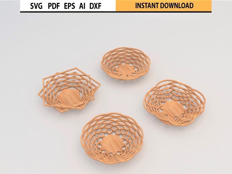 Peut inclure: Quatre paniers d&eacute;coratifs en bois de diff&eacute;rentes formes g&eacute;om&eacute;triques. Les paniers sont de couleur brun clair et pr&eacute;sentent un design ouvert et tiss&eacute;. Le texte "SVG PDF EPS AI DXF" et "INSTANT DOWNLOAD" est en haut de l'image.