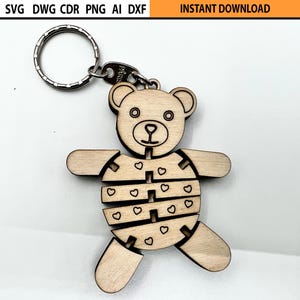 Lasergesneden flexibele teddybeer sleutelhanger ontwerp SVG, lasergesneden flexibele sleutelhouder, beweegbare houten figuur, lasergesneden fidget houten mechanisch speelgoed