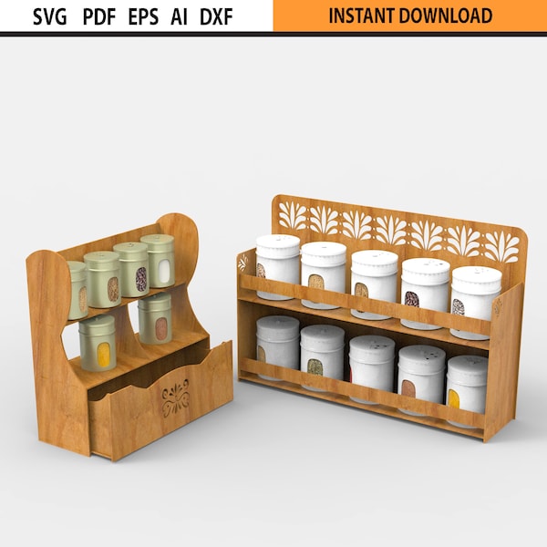 Laser Cut Spice Rack Bundle Set of 2 SVG Files - Wooden Kitchen Organizer - Glowforge Laser cut Plan - Laser Cut Design Template - Spice Box