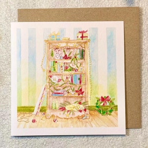 Étagères Jingle | Carte de Noël | Aquarelle fantaisiste | Scène confortable