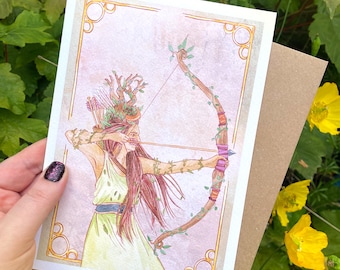 Artemis Goddess Art Card: A5 aquarelprint, blanco maankaart