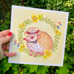 Impresión artística de acuarela de un encantador erizo / Ilustración animal con un lindo ambiente campestre / Decoración de bosque caprichosa