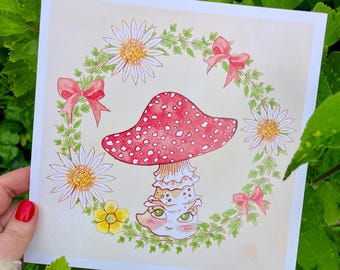 Impresión de acuarela de hongo caprichoso / Arte cuadrado de 21 cm / Decoración de pared con hongos estilo cottagecore