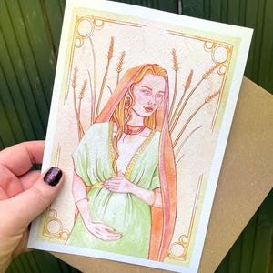 Tarjeta artística de la diosa Deméter A5 _ Impresión en acuarela de la cosecha y la maternidad _ Tarjeta de felicitación en blanco _ Arte de altar o pared _ Ilustración de Laura Bosley