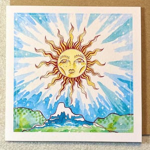 Carte de voeux visage soleil - aquarelle fantaisiste - carte carrée dessinée à la main - intérieur vierge - carte d'amitié, d'anniversaire, de remerciement - oeuvre miniature