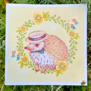 Impresión artística de acuarela de ranúnculo de erizo / Ilustración animal cuadrada de 21 cm / Decoración caprichosa de bosque