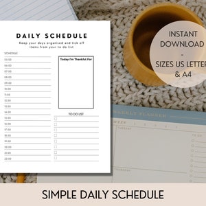 May include: A printable daily schedule planner with a to-do list and a section for writing what you are thankful for. The planner is in black and white and has a simple design. The text on the planner says "DAILY SCHEDULE" and "SIMPLE DAILY SCHEDULE".