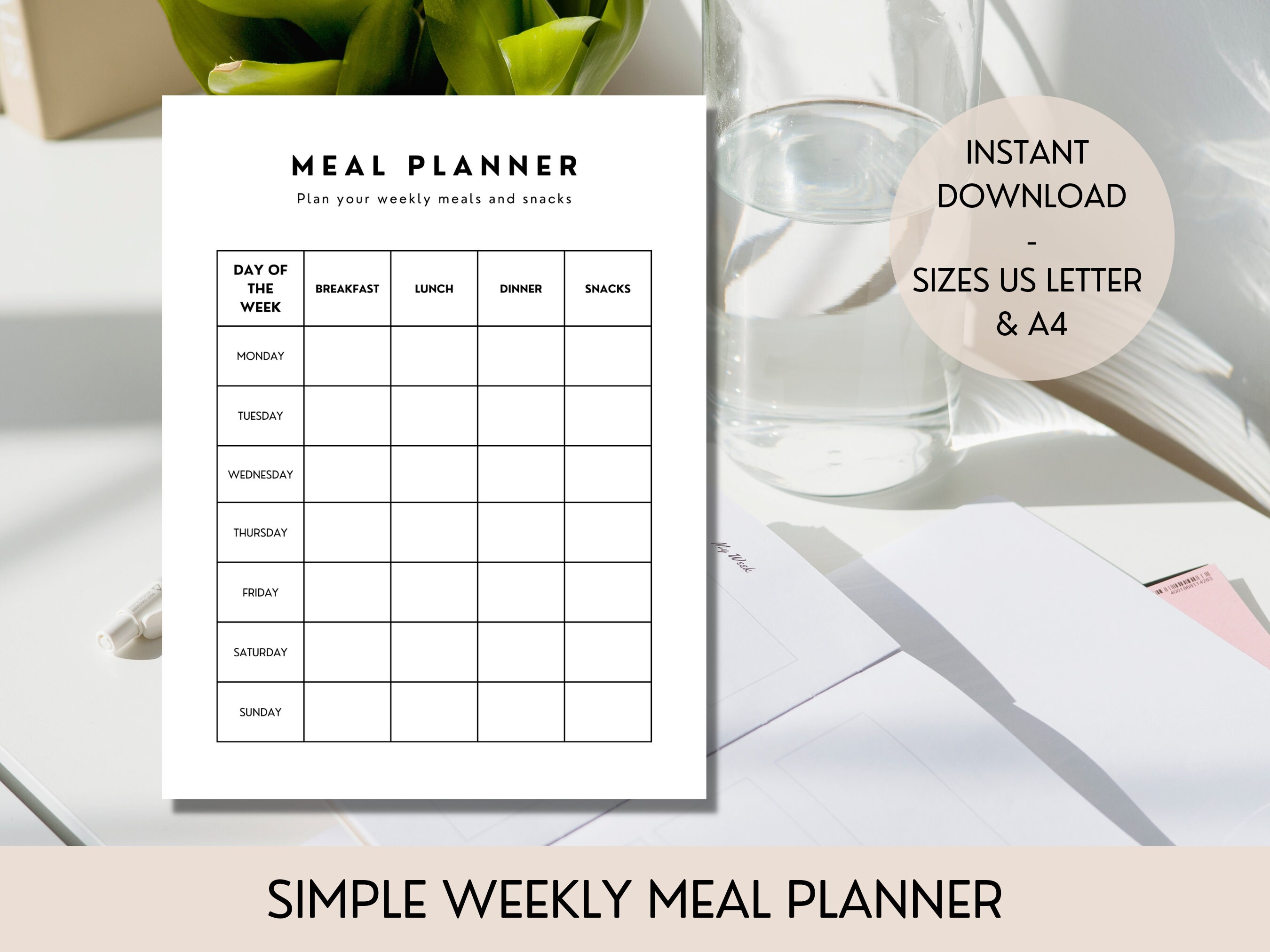 Simple Fillable and Printable Meal Planner, Meal Planner Grid, Weekly ...
