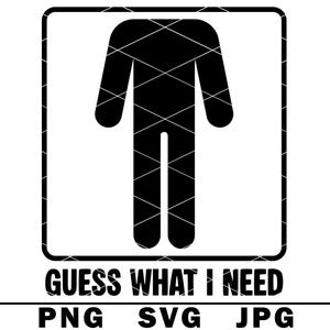 以下が含まれることがあります： 白黒のグラフィックで、白い線が交差する正方形の中に棒人間が描かれています。「GUESS WHAT I NEED」というテキストが図の下にあり、その下に「PNG SVG JPG」と書かれています。