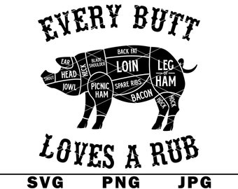 Every Butt Loves A Rub SVG Pork Cuts Smoked Pork Pig Meat Funny Quote PNG JPG Cut File