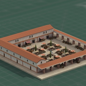 Puede incluir: Modelo 3D de un mercado romano. La estructura es cuadrada con un patio central y pasillos cubiertos. Los tejados son de terracota y las paredes de color claro. El patio cuenta con puestos y árboles.