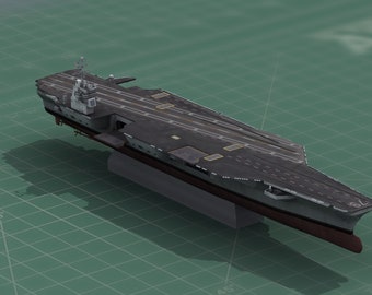 May include: A detailed model of an aircraft carrier. The ship features a grey deck with runway markings, a grey superstructure, and a red hull. The model is set against a green grid background.