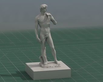 May include: A white marble statue of a nude male figure standing on a white pedestal. The figure is posed with one hand resting on his hip and the other hand holding a piece of fabric.