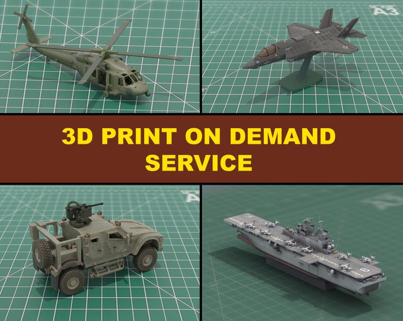 May include: A composite image featuring 3D-printed military models: a helicopter, a fighter jet, an armored vehicle, and an aircraft carrier. The models are in shades of grey and green, on a green grid. Text reads "3D PRINT ON DEMAND SERVICE".