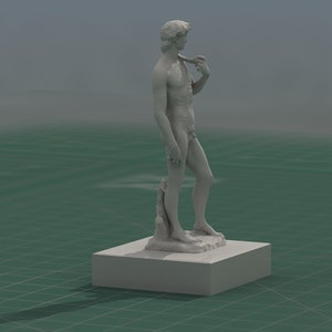 May include: A white marble statue of a nude male figure standing on a white pedestal. The statue is posed with one hand resting on the hip and the other hand holding a piece of fabric.