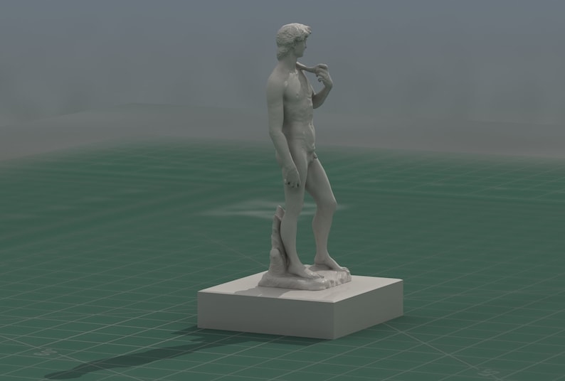 May include: A white marble statue of a nude male figure standing on a white pedestal. The statue is posed with one hand resting on the hip and the other hand holding a piece of fabric.