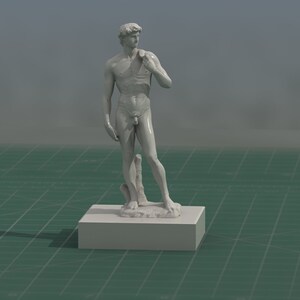 May include: A white marble statue of a nude male figure standing on a white pedestal. The statue is a replica of the famous David sculpture by Michelangelo.