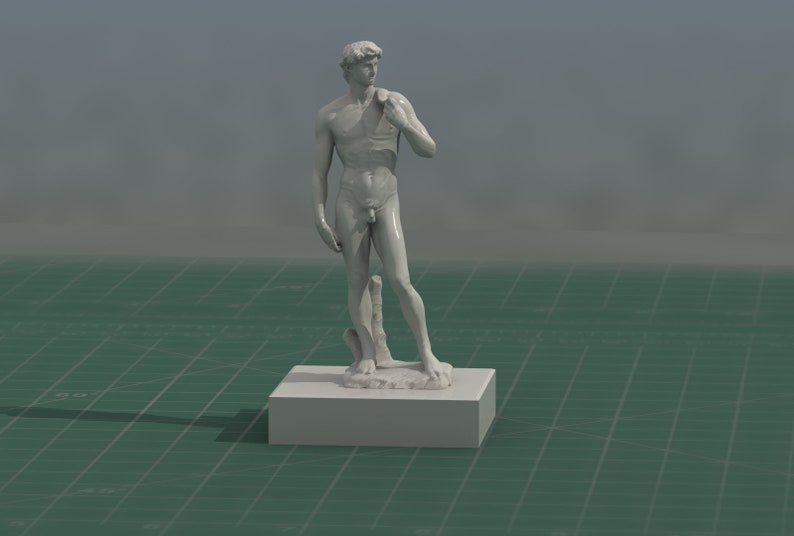 May include: A white marble statue of a nude male figure standing on a white pedestal. The statue is a replica of the famous David sculpture by Michelangelo.