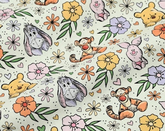 Winnie The Pooh Floral Fabric - 100% Cotton Fabric - Quilting Fabric - Sold by The 1/2 Yard
