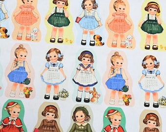 Vintage Paper Doll Calendar Fabric- Cartoon Fabric - 100% Cotton Fabric - Quilting Fabric - By The Half Yard