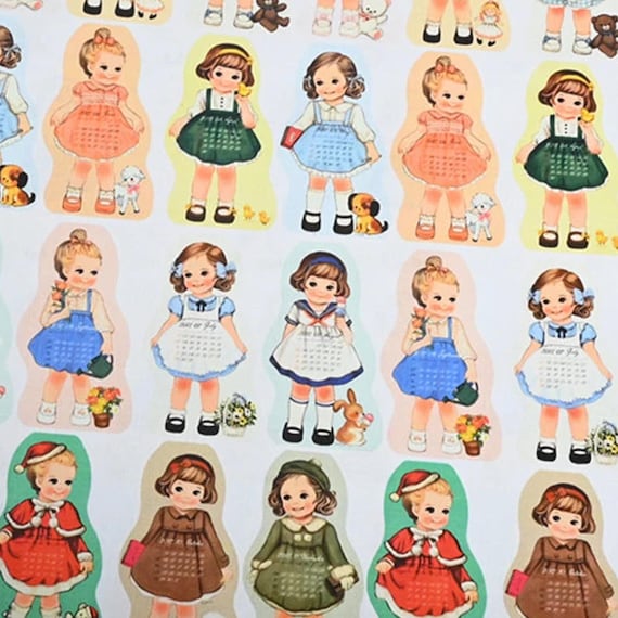 Vintage Paper Doll Calendar Fabric- Cartoon Fabric - 100% Cotton Fabric - Quilting Fabric - By The Half Yard