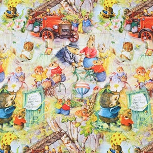 May include: A colorful illustration featuring a variety of animals, including squirrels, hedgehogs, and rabbits. The animals are depicted in a whimsical setting with a red truck, a hot air balloon, and a variety of flowers and plants. The illustration is filled with bright colors and intricate details.