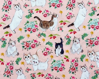 Vintage watercolor flower Cat Fabric - Kitten Kitty Fabric- Animal Cartoon Fabric - 100% Cotton Fabric - Quilting Fabric - By The Half Yard