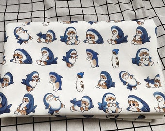 Cute Cat & Shark Fabric - Cat with Shark - Cartoon Twill Fabric - Fine Canvas Fabric - Quilting Fabric - By The Half Yard