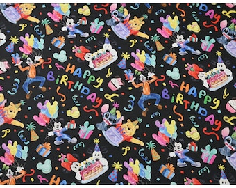 Disney Happy Birthday Fabric - Mickey Mouse Fabric - Cartoon Fabric - 100% Cotton Fabric - Quilting Fabric - By The Half Yard