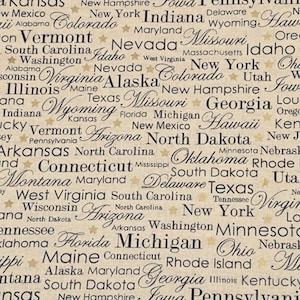 May include: A beige fabric with a repeating pattern of US state names in a mix of cursive and block lettering. Gold star accents are interspersed throughout the design. The states are in black and the background is beige.