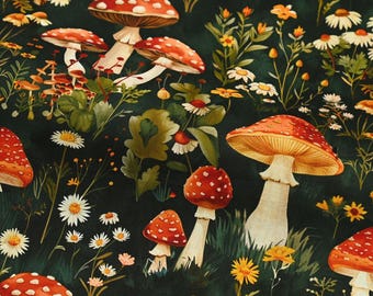 Mushroom Print Fabric - Cartoon Fabric - 100% Cotton Fabric - Quilting Fabric - Sold by The 1/2 Yard