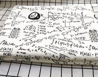 May include: White fabric with black mathematical equations and symbols printed all over. The fabric has a grid pattern on the back.
