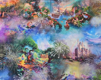 May include: A colorful illustration featuring various Disney characters and scenes, including Cinderella's castle, Peter Pan, and Ariel from The Little Mermaid. The background is filled with fireworks and a rainbow.