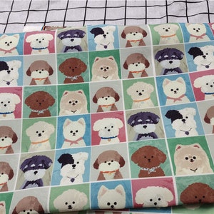 Puppy Dog Fabric Dogs Fabric - Cute Dog Chequered Fabric - Cartoon Twill Fabric - Fine Canvas Fabric - Quilting Fabric - By The Half Yard