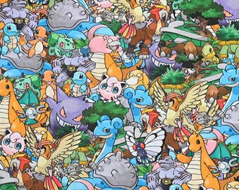 Pikachu Fabric - Pokemon Fabric - Pocket Monster Cartoon Fabric - 100% Cotton Fabric - Quilting Fabric - By The Half Yard