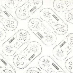 Könnte beinhalten: Ein sich wiederholendes Muster von Super Nintendo-Gamecontrollern in Graustufen. Jeder Controller ist grau umrandet, mit den Worten "SUPER NINTENDO" auf jedem Controller. Die Controller sind diagonal auf einem weißen Hintergrund angeordnet.