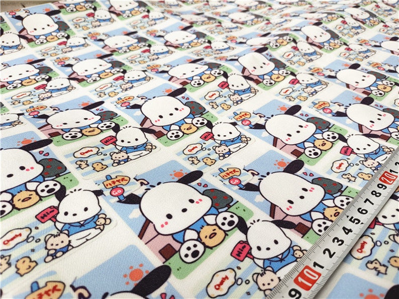 May include: White fabric with a repeating pattern of a cartoon dog wearing a blue shirt and holding a small yellow chick. The dog is surrounded by a pink house, green grass, and blue sky. The fabric has a white background with blue and green accents.