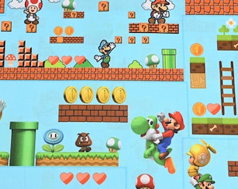 May include: Light blue fabric with a repeating pattern of Super Mario characters and game elements. The design includes Mario, Luigi, Yoshi, coins, question mark blocks, and brick platforms, reminiscent of the classic game.