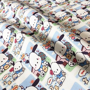 May include: White fabric with a repeating pattern of a cartoon dog wearing a blue shirt and holding a brown teddy bear. The dog is standing in front of a pink house with a green lawn and a blue sky with a yellow sun. The fabric is perfect for quilting, sewing, and crafting.
