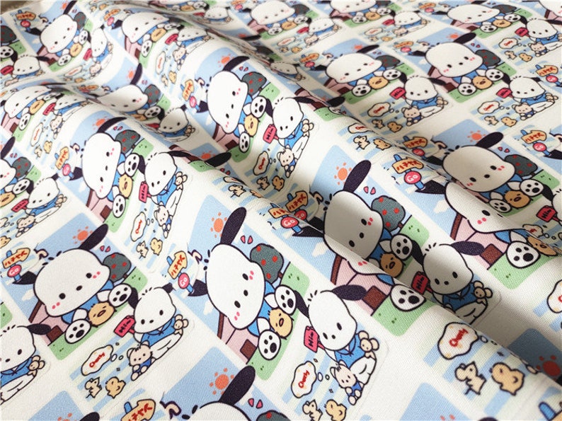 May include: White fabric with a repeating pattern of a cartoon dog wearing a blue shirt and holding a brown teddy bear. The dog is standing in front of a pink house with a green lawn and a blue sky with a yellow sun. The fabric is perfect for quilting, sewing, and crafting.