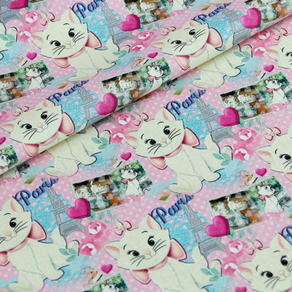 Marie Cat Fabric Aristocats Pink White-Furred Kitten Fabric- Cartoon Fabric - 100% Cotton Fabric - Quilting Fabric - By The Half Yard