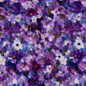 Könnte beinhalten: Ein impressionistisches Blumenmuster mit einer dichten Anordnung von lila, violetten und weißen Blüten. Die Blumen haben gelbe Zentren und sind vor einem blauen Hintergrund platziert. Das Kunstwerk hat eine malerische Qualität mit sichtbaren Pinselstrichen.